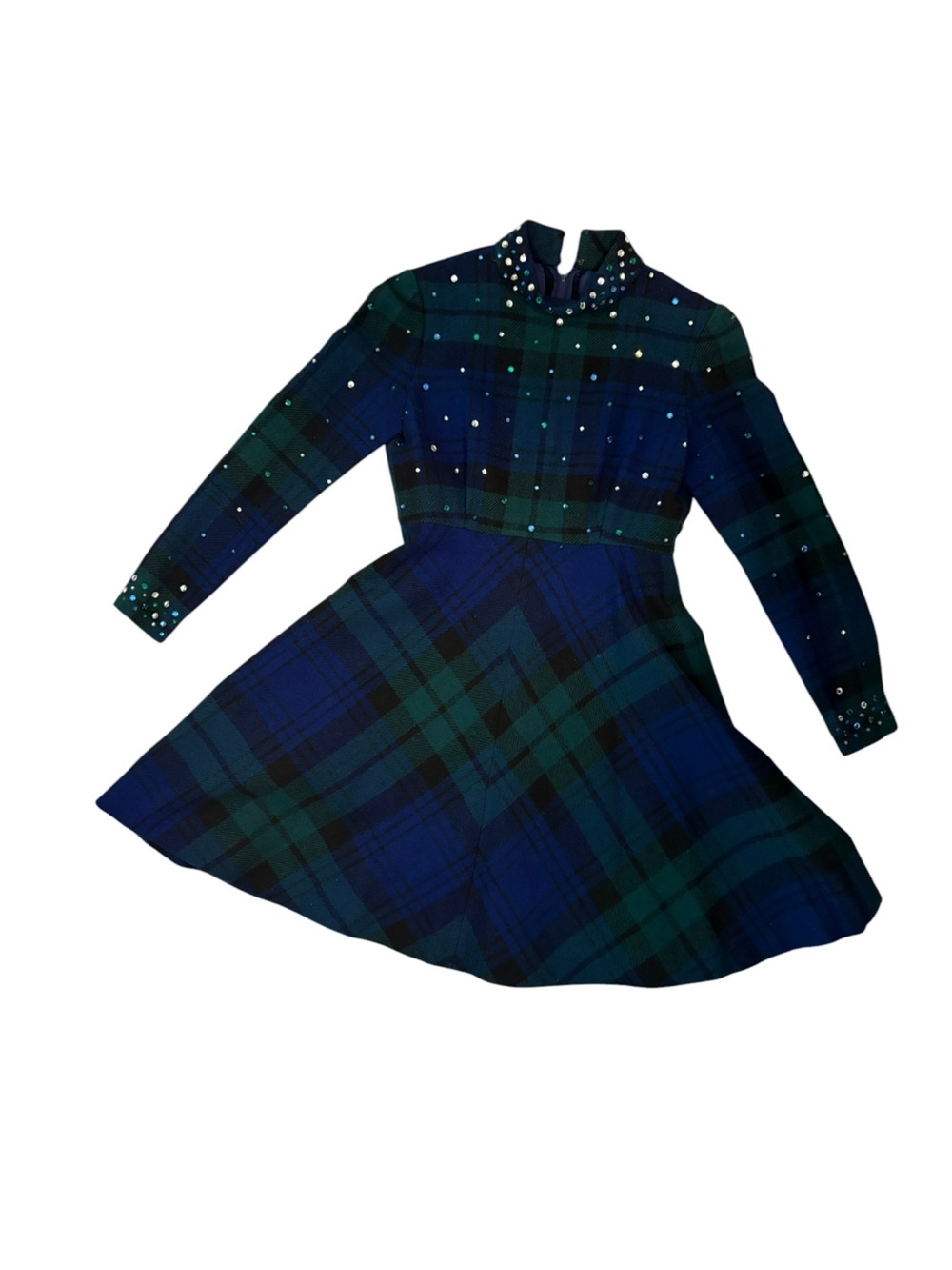Vintage 1960s Wool Plaid Rhinestone Flare Mini Dress Tartan Pockets Neusteters
